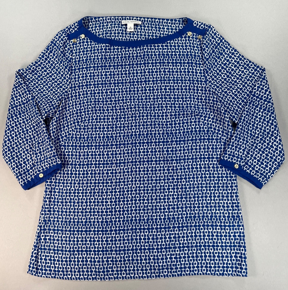 Banana Republic Blue & White 3/4 Sleeve Geo Print Tunic Shirt (Women's M)